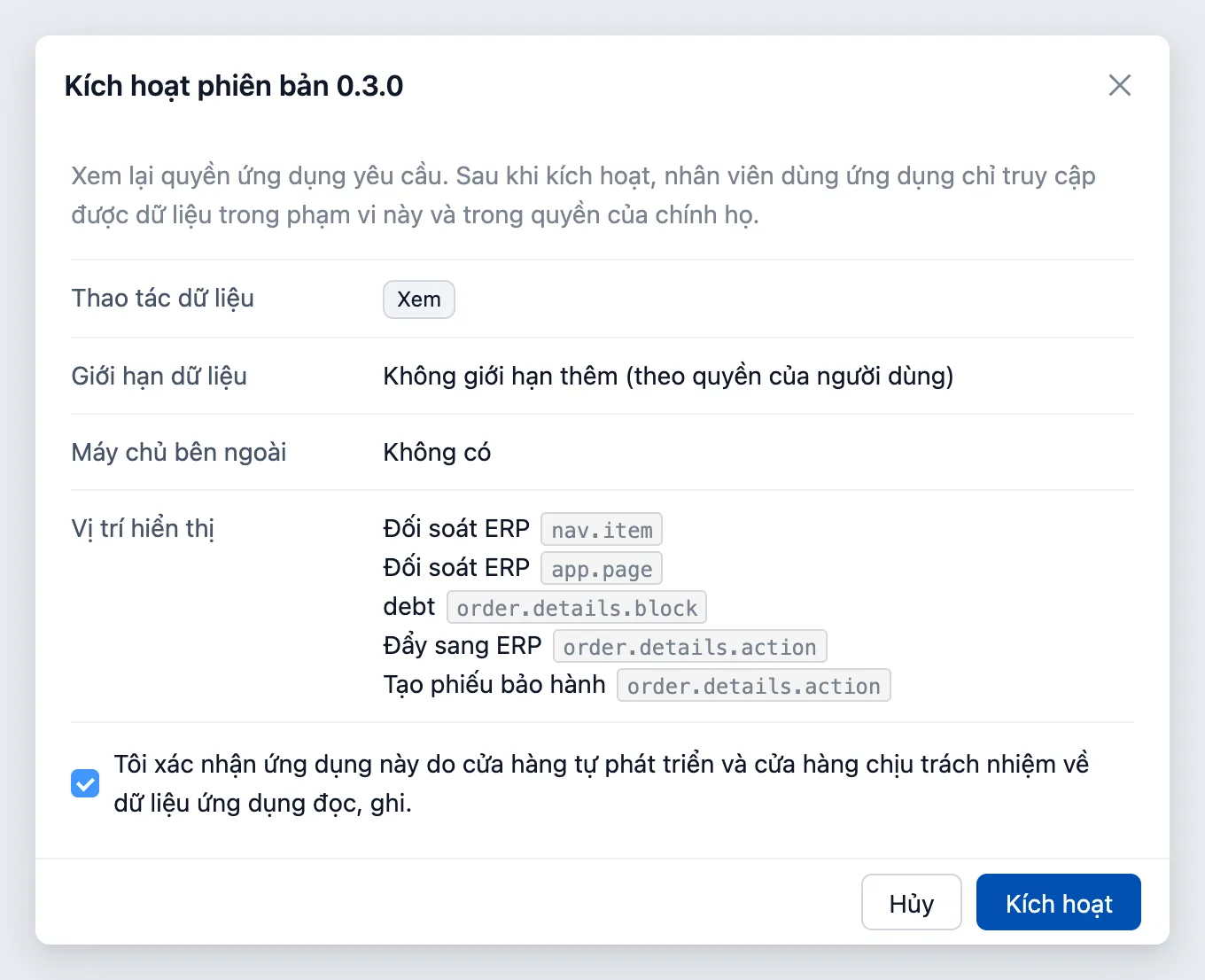 Hộp duyệt quyền trước khi kích hoạt version